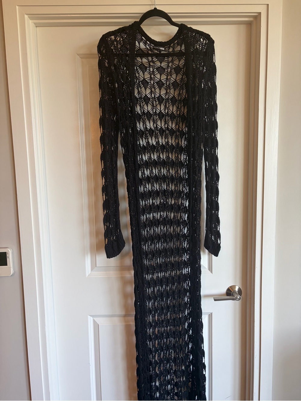 Long Black Crochet Open-Knit Duster Cardigan